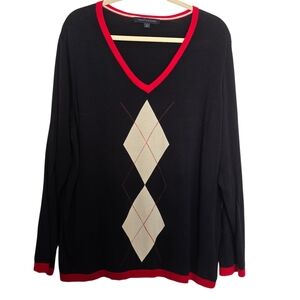 Tommy Hilfiger Navy Blue Red Trim V-Neck Argyle Sweater